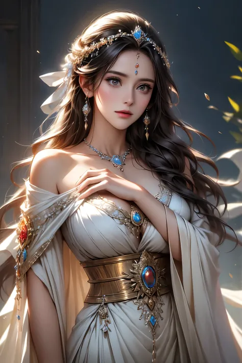 a beautiful goddess, glowing skin, flowing hair, ethereal, serene expression, goddess of nature, goddess of the moon, goddess of wisdom, goddess statue, detailed intricate robes, detailed jewelry, detailed facial features, detailed hands and fingers, reali...