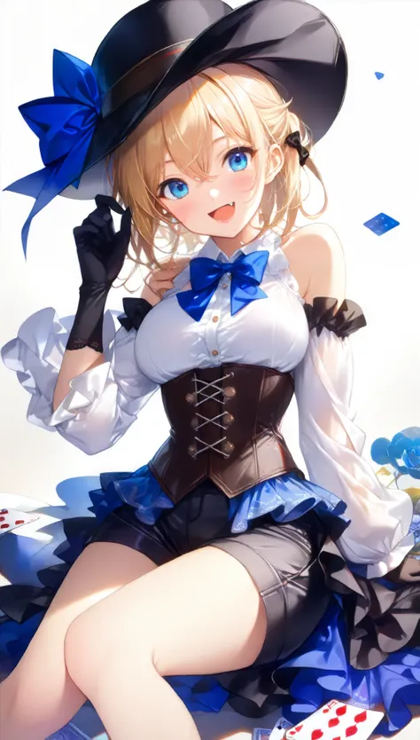 1girl, solo, breasts, looking at viewer, blush, smile, open mouth, blue eyes, blonde hair, long sleeves, hair between eyes, bare shoulders, white shirt, :d, detached sleeves, sleeveless, black gloves, collared shirt, fang, hand up, two side up, black headw...