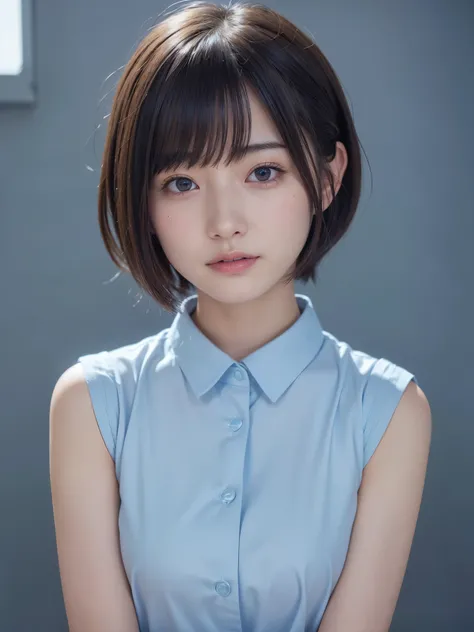 Very cute girl、、Short Hair、Gray Hair、Reduce hair volume、Blue background、Upper Body、(Upper Body写真:1.5)、Eyes focus、Collared shirt、Laughter、、(8k、RAW Photos、Best Quality、masterpiece:1.2)、(Realistic、Realistic:1.3)、、The depth of the written world、Wide Light、High...