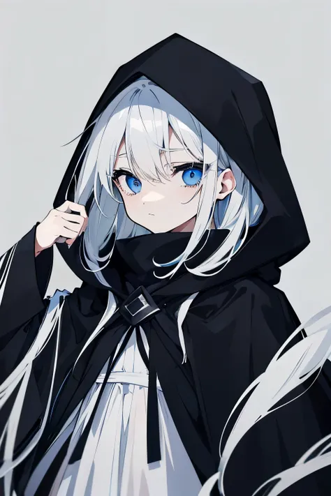 Blue eyes and white hair girl、Wearing a black hood、Wearing a black cloak。The overall atmosphere is frail and sickly.。