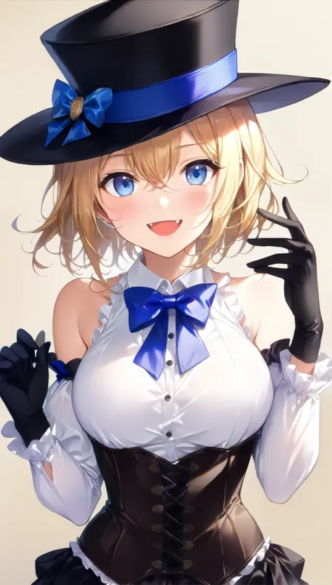 1girl, solo, breasts, looking at viewer, blush, smile, closed mouth, blue eyes, blonde hair, long sleeves, hair between eyes, bare shoulders, white shirt, :d, detached sleeves, sleeveless, black gloves, collared shirt, fang, hand up, two side up, black hea...