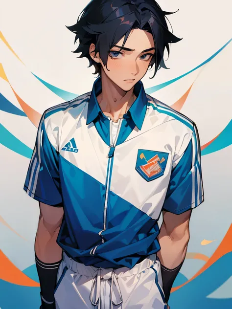 ((Best Quality)), ((Mastepiece)), Perfect Face,1 male,Teenager,Handsome,Alone,anime,Black Hair,From the waist up,Jersey,student,sportswear,