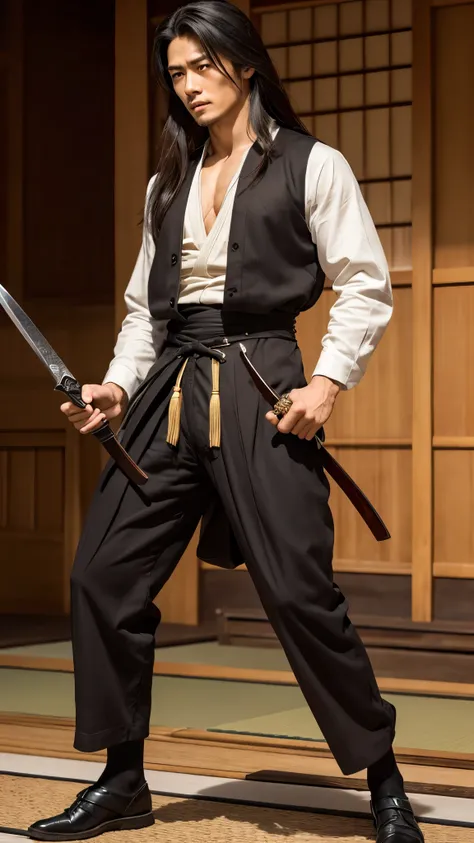 Realistic photos, Full body image, young, Wild and handsome Japanese man, Detailed facial details, muscle, Stand with a sword, Model Style, Disheveled long hair, muscle, Long trousers, Tokyo in the Meiji Period, 