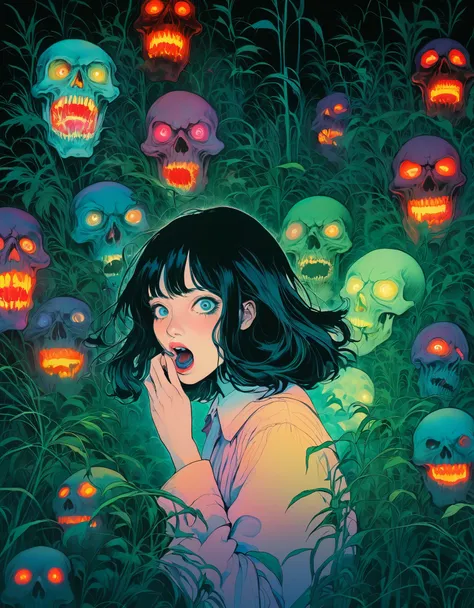 An illustration、until、Horror movie posters、attention to detail, analog style, ((chromatic aberration, psychedelic colors)), surrealism、Mizuki Shigeru. Terrified woman with distorted face, A little steam comes out of his mouth, has dilated pupils, She is st...