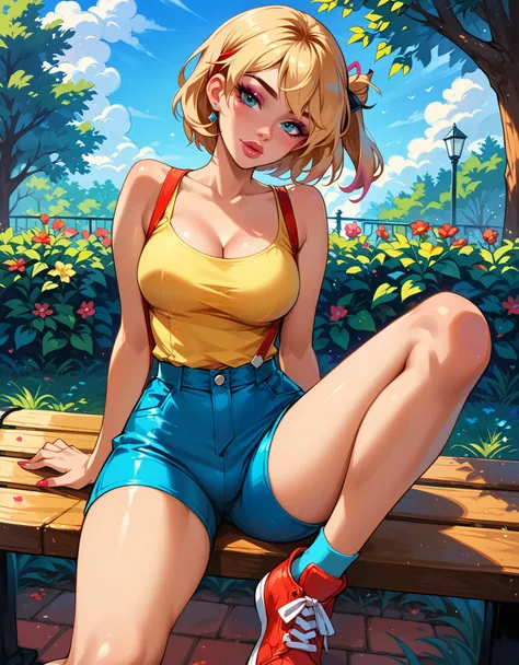 score_9, score_8_up, score_7_up, rating_questionable, lighting, epiCPhoto BREAK 1girl, very sexy (short hair Gwen Stacy, dressed as Misty from Pokemon, one side up hair, cleavage, yellow t-shirt, tight sleeveless t-shirt, red suspenders, blue shorts, red s...