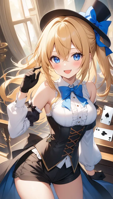 1girl, solo, breasts, looking at viewer, blush, smile, closed mouth, blue eyes, blonde hair, long sleeves, hair between eyes, bare shoulders, white shirt, :d, detached sleeves, sleeveless, black gloves, collared shirt, fang, hand up, two side up, black hea...