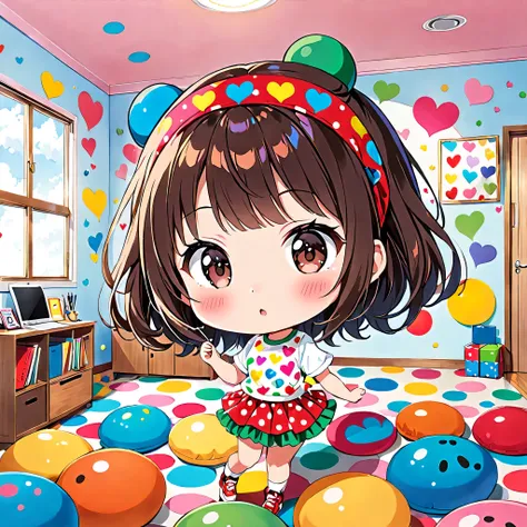 Ultra-realism Yayoi Kusama colorful style, Simple Line Initialism，Abstract art，(((The most beautiful girl of all time))), chibi, colorful hearts, kawaii design, sports fashion, Dark Eyes, (((Holiday Room))), (((Cute amoeba)))