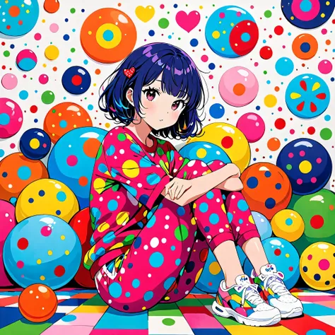 Ultra-realism Yayoi Kusama colorful style, Simple Line Initialism，Abstract art，(((The most beautiful girl of all time))), colorful hearts, kawaii design, sports fashion, Dark Eyes, (((Holiday Room))), (((Cute amoeba)))