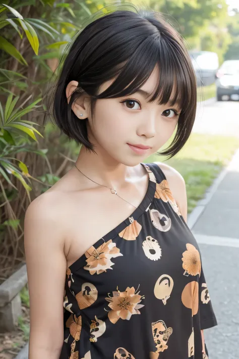 8k,Masterpiece Japanese junior high school girl,smile,cute,innocent,Kind eyes,Childish　Leopard print one-shoulder jungle,Short bob hair band,Hair blowing in the wind,Black Hair,A little strong wind,noon,bright