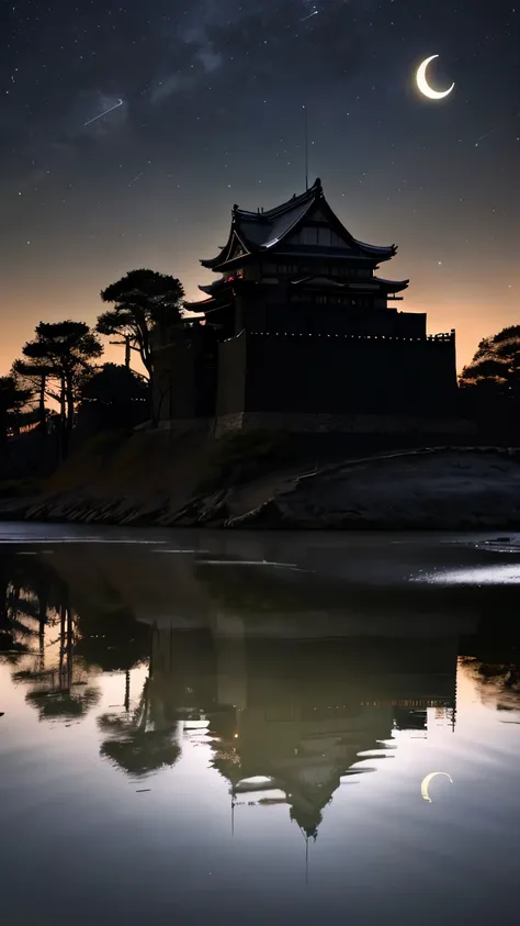 Traditional Japanese Castle，Multi-layered roof and white walls，Illuminated by the dark night sky. The castle is beautifully reflected in the calm water in front of you., Create a perfect mirror image. There is a crescent moon in the sky to the left of the ...