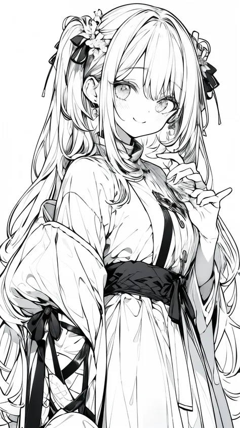 Monochrome、Line art、Please do not draw the background、Background white、No background、beautiful girl、smile、White Hair、