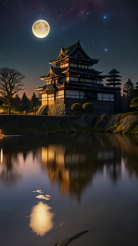 Traditional Japanese Castle，Multi-layered roof and white walls，Illuminated by the dark night sky. The castle is beautifully reflected in the calm water in front of you., Create a perfect mirror image. There is a crescent moon in the sky to the left of the ...