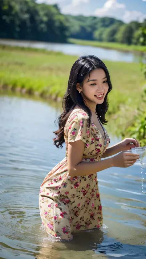 NSFW, HIGH QUALITY, 8K, DETAILED, (photorealism:1.2), beautiful woman, playing water in a river, looking at the camera, wearing tight floral midi dress, tight dress, malaysian womens dress, tighten dress, until knee dress, short sleeve, small breasts, suns...