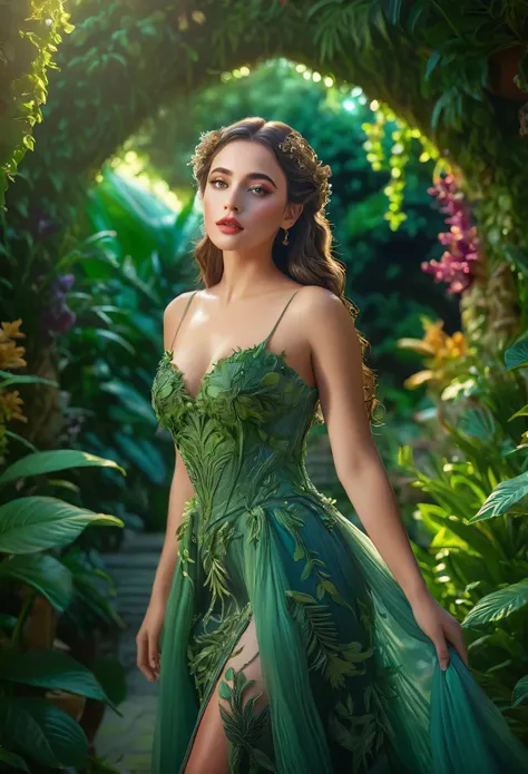 a beautiful woman in an eden-like garden, forbidden loveers, full body  portrait, beautiful detailed eyes, beautiful detailed lips, extremely detailed face, longeyelashes, elegant dress, romantic atmosphere, dramatic lighting, lush greenery, intricate deta...