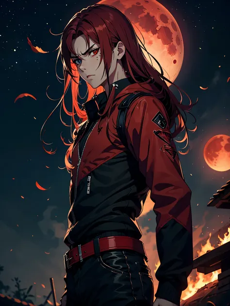 Angry. Hate. Burn..火. 火rote Haare. Red hair. Red eyeliner. Blood Moon. More anime. male. Long hair. Boy.