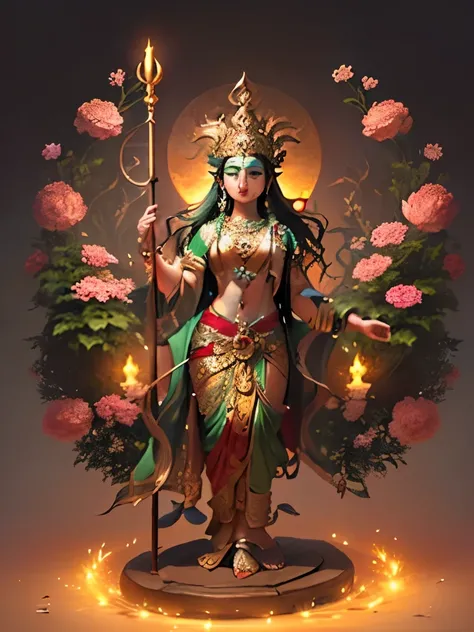 A green-skinned girl holding a trident stands in a garden，Young Girl，I.r“, IndIan goddess of wealth, IndIan goddess, Four arms，The upper right hand holds a trident halberd，Lower right hand holding a peacock feather fan，Holding a black snake in the upper le...