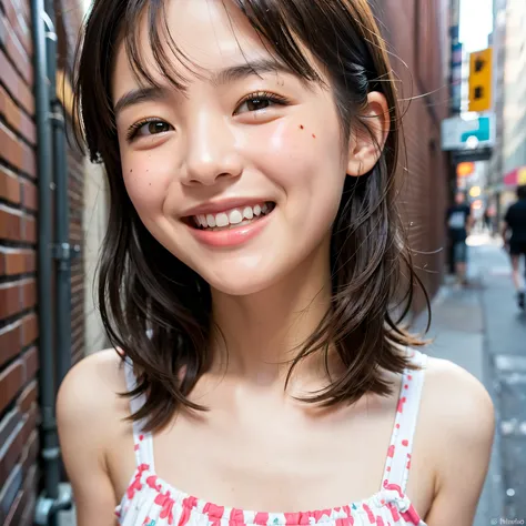 (((Face close-up)))、((Very girly hairstyle))、(((She is photographed with the backdrop of a New York alleyway))、(Natural laughter:1.25)、、1 girl、Independent、I&#39;looking forward to it、Natural Makeup、Brown Hair Color、flat 、、Quality of actress、Shiny, Ultra-re...