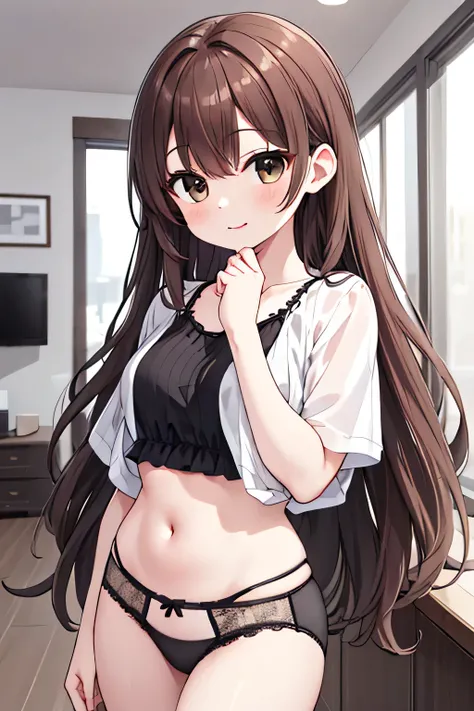 （Best quality, 8k, 32K, Masterpiece, UHD):1.2 Married woman 2 Wavy long hair Brown hair Good style Change of clothes Cute underwear Hotel