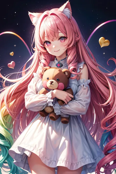 high quality, high resolution, Perfect human structure, Background Focus, Front view, Bear Doll , Rainbow Hair, Shiny Hair, Cat ears, Heart-shaped pupil , curls, Shiny Pink Hair, Smile, Pink see-through dress, Beautiful,