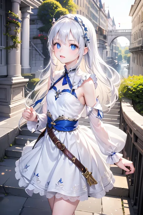 masterpiece,Best Quality,Very detailed,beautiful girl, teenager,High Fantasy,Fantasy national costume,Outdoor,Stairs to the sky,Small breasts,Narrow waist,Straight silver hair,Perfect Blue Eyes,Very cute,Active pose