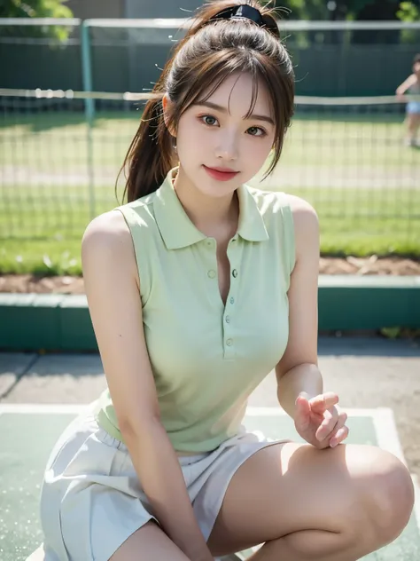 "Wearing a light green tennis polo and white skirt, the 20-year-old college girl gracefully lunges forward at the net to make a quick volley. Her gentle smile shows her enjoyment of the game, while her precision and focus reveal her dedication.", 16K,8K,ma...