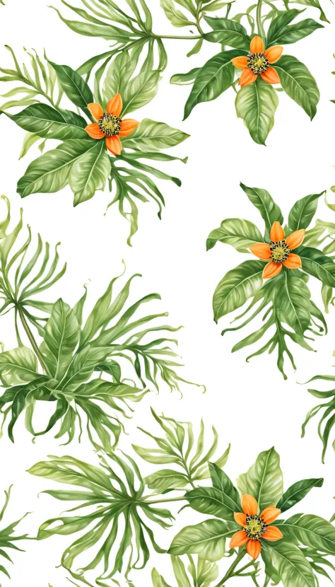 Botanical art pattern with papaya flowers and leaves on white background