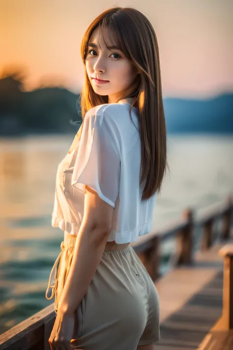 ((top-quality、in 8K、​masterpiece:1.3))、Best Quality, Realistic, Very detailed, finely, High resolution, A beautiful Japanese woman, Light brown hair,  Beautiful Eyes, Thin Hair、Beautiful legs、talk、chat、Pier on the lake、sunset