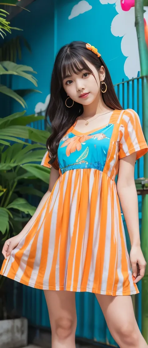 Gorgeous idol girl、whole body、Good style、、、、、、、、、、Thick legs、Fairytale Stripe Dress（Fluorescent blue and orange）、Tropical fish print shirt、A pure girl&#39;s face、、、、、、Glowing Candy Fish、、Marine Town at night