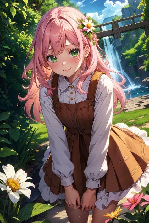 (extremely detailed CG unity 4k wallpaper),(masterpiece),(best quality),(ultra-detailed),(best illustration),(best shadow),(absurdres), Woman, Brown Peasant dress, Pink shoulder length hair, Green eyes, Leaning forward cutely, Sunny bright day, White flowe...