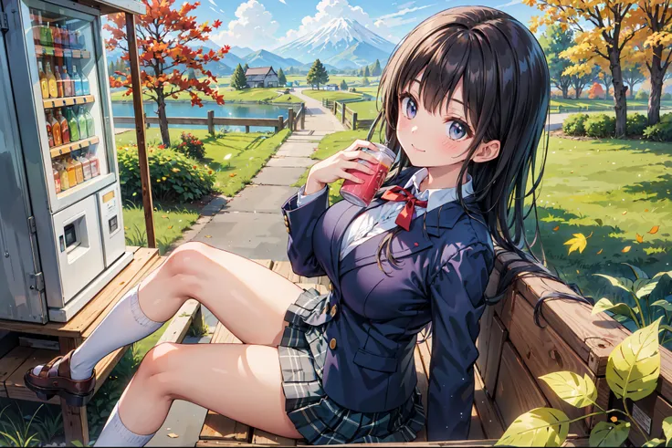 (((Masterpiece, 16k, Highest quality, Ultra-high resolution, Depth of subject))), ((Very detailed, Japanese countryside scenery, autumn leaves)), (((High school girl in blazer uniform, 2 people, skirt, Big Breasts))),Beautiful girl in great detail, Very ac...