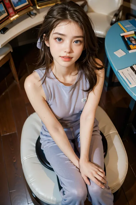 Best Quality, masterpiece ultra high resolution 8k,((Portrait of a person sitting with legs together:1.4)), (Realistic:1.6), ((blue eyes)),((A radiant smile)), RAW Photos,((Realisticな美肌)),((UNIQLO,Sweatsuit top and bottom:1.4)),((Soft looking breasts)),((U...