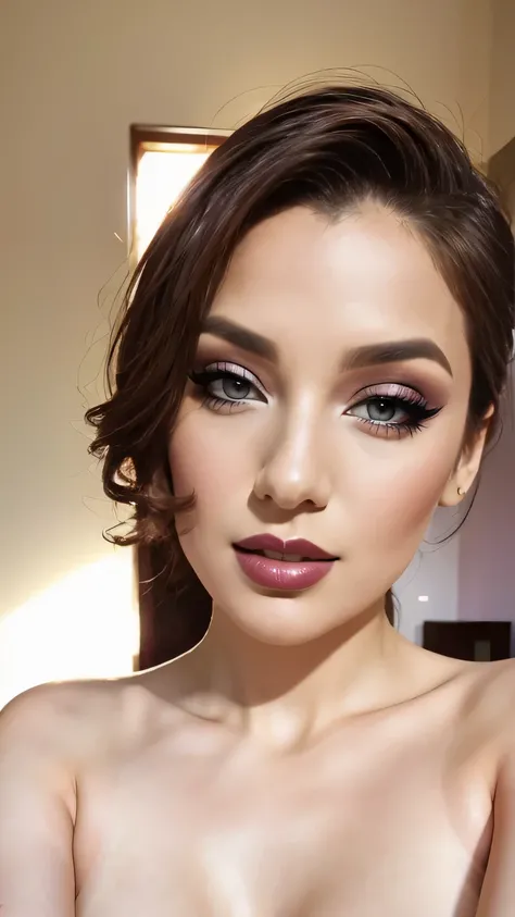 instagram photo, closeup face photo of 20 y.o nude, naked, beautiful nude, purple Lipstick, sensual Lipstick, Sensational Make Up, white skin, pale skin, (smile:0.4), hard shadow, bright lighting 