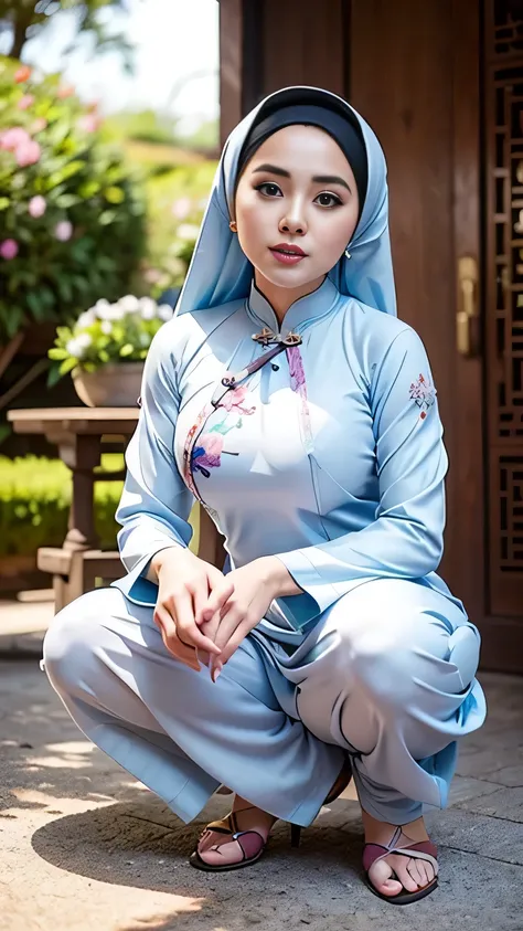 RAW, Best quality, high resolution, Masterpiece: 1.3), 1 Beautiful Malay woman in hijab, Masterpiece, Perfect slim body, ((Big breasts)), Beautiful big eyes, watery eyes, big eyes, glossy lips, smilling, ( wearing  Ao Dai:1.5)、(rot),soft smiling、Black eyes...