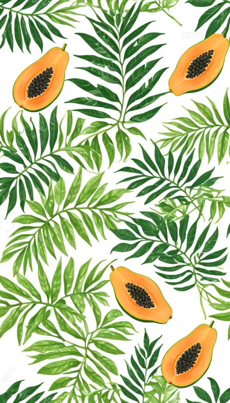 A seamless pattern of papaya and leaves on a white background