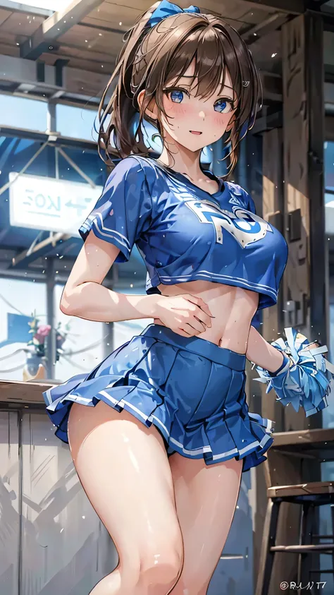 8k resolution,((Best Quality)),Ultra-high resolution,Adult women, Alone, sexy, (Ecstatic face), (Light brown eyes), A beautiful, symmetrical face, (Light brown curly short ponytail),Blue Cheerleader T-shirt,Blue Cheerleader Skirt,Panties,Knee-high socks,Re...