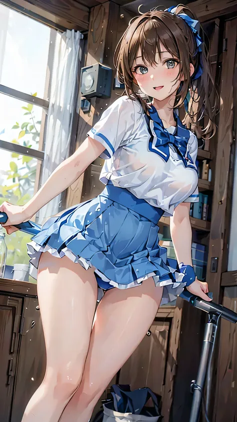 8k resolution,((Best Quality)),Ultra-high resolution,Adult women, Alone, sexy, (Ecstatic face), (Light brown eyes), A beautiful, symmetrical face, (Light brown curly short ponytail),Blue Cheerleader T-shirt,Blue Cheerleader Skirt,Panties,Knee-high socks,Re...