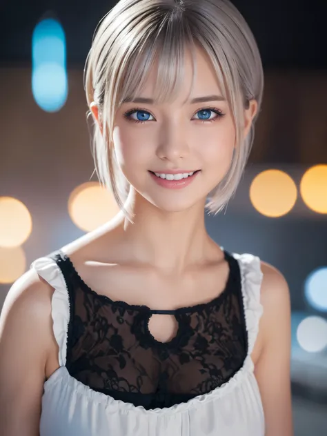 Beautiful young woman with short silver hair, Radiant, clear skin, Attractive large bright blue eyes and well-proportioned facial features, Wearing a stylish black and white maid outfit, Bright happy smile, (Best Quality,4K,8k,High resolution,masterpiece:1...