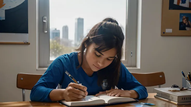  Close-up of a person sitting at a desk, scribbling ideas in a notebook or daydreaming as they look out the window. Cut to images of various aspirations—an artist painting, an athlete training, a student studying hard, a young entrepreneur at work.