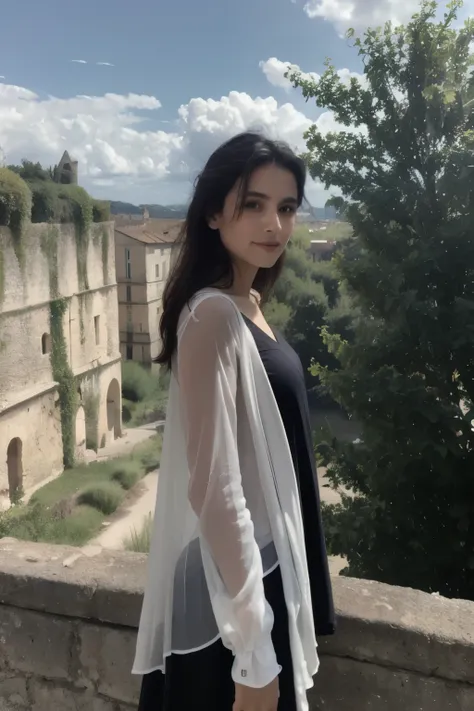 Femme italienne, regarde le spectateur, visage beau et souriant et net, cheveux longs, brun, chemise, robe moulante, nuage, jour, ciel,en plein air, ruines, paysage, arbre, eau,