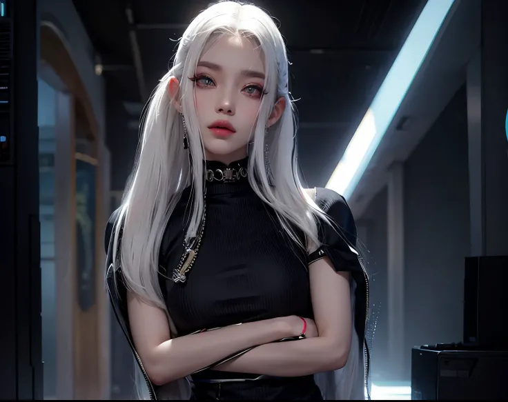 aVATAR SECOND LIFE korean girl wearing black top, White hair White hair, White hair, Asian, perfect and detailed face, imvu, Maximalist details, AVATAR SECOND LIFE Korean blusa , neon