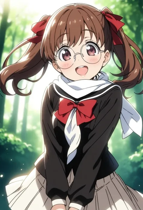 1girl, fukuzawa yumi, solo, school uniform, brown hair, twintails, brown eyes, serafuku, long sleeves, smile, lillian girls academy school uniform, open mouth, :d, looking at viewer, short hair, sailor collar, ribbon, white neckerchief, outdoors, v arms, s...