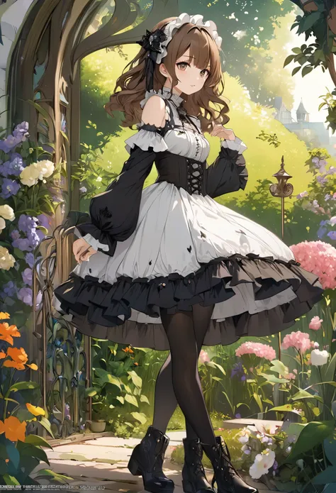 Enchanting scene of a young woman standing amidst elaborate decoration, (((Gothic-Lolita))), She was standing at the garden. She was adorned with hair accessories、She has medium length, wavy brown hair..。Ruffled mini skirt, Her facial expression is natural...