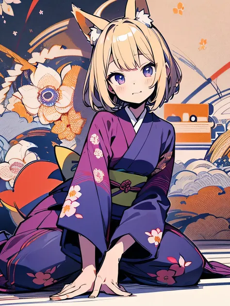 dutch angle,(wariza),(looking at viewer),solo,(bluntbangs:1.2),切ないface,blonde short hair,fox ear,(black purple color japanese flower design kimono),(ランダムなidol model pose),dainty,elegant,flowers,birds,wind and moon,(kaleidoscope),(manga style),(sketch),(ill...