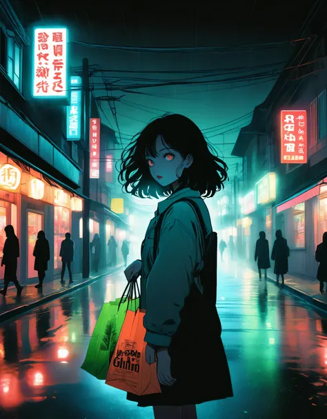 An illustration、until、Horror movie posters、attention to detail, analog style, chromatic aberration, neon, surrealism、Mizuki Shigeru. (Woman with dilated pupils, holding 2 grocery bags, woman in the middle of a lonely street, full of mist. (eyes in the back...