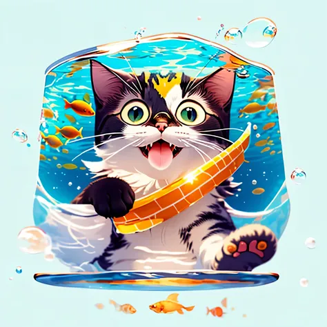 Ragdoll Cat, MG is, Amazing visuals, High image quality, Masterpieces Beard, blue eyes, No humans, Animal focus mouth open, Gazing at the audience, White cat, In the water, bubble, Alone, swimming, gold, submerged, 