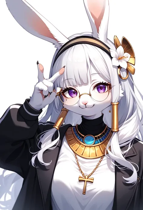 score_9, score_8_up, score_7_up, score_6_up, score_5_up, score_4_up, source_anime, best quality, amazing quality, very aesthetic, absurdres, 1 female, (furry, kemono:1.2), rabbit, glasses, long hair, purple eyes, hairband, kret, hair ornament, mole under e...