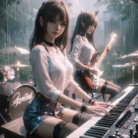 Marie Rose, anime girl with blonde hair and hair ornament, artwork in the style of guweiz, photorealistic anime girl render, photorealistic anime, Hyper realistic anime, accessories、playing piano, playing guitar, lighting, soft portrait shot 8 k, Realistic...