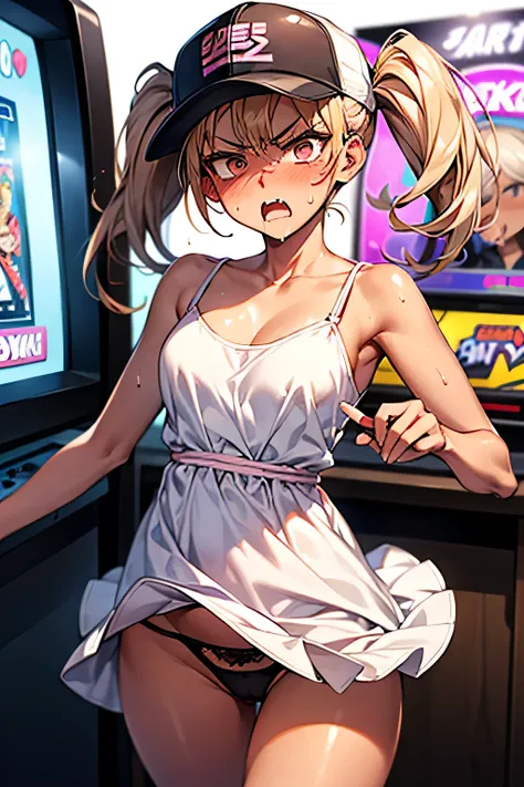 Cowboy Shot.                                  Young Woman，1 person，Blonde，Twin tails，Super beauty，((Dark brown skin:1.4))，((blush)),((anger:1.4))，sweat，Staring at the audience，，She is wearing a pink baseball cap, a white dress, and black and purple panties...