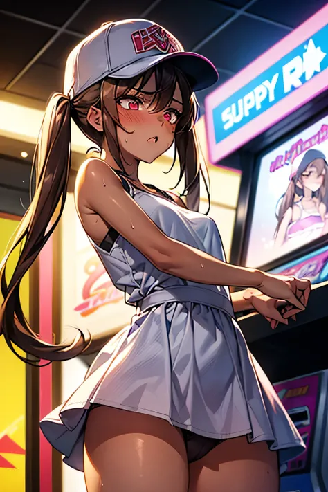 Cowboy Shot.                                  Young Woman，1 person，Blonde，Twin tails，Super beauty，((Dark brown skin:1.4))，((blush)),((anger:1.4))，sweat，Staring at the audience，，She is wearing a pink baseball cap, a white dress, and black and purple panties...