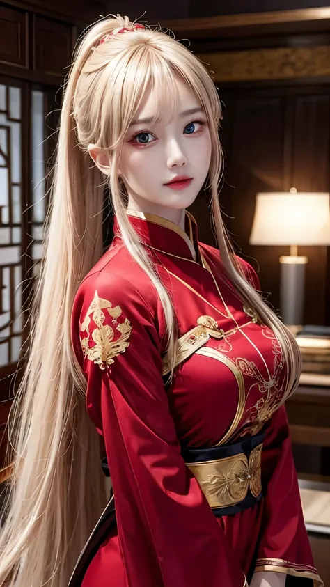 Fei Yu_robes, depth of field, The lines are thin and smooth., Whole body photo, see the whole body, 4K resolution, Highly detailed, realistic, red cloth, exquisite face, blonde hair, red eyes, long hair, braid, beautiful girl, Full show, Gold Embroidery， b...